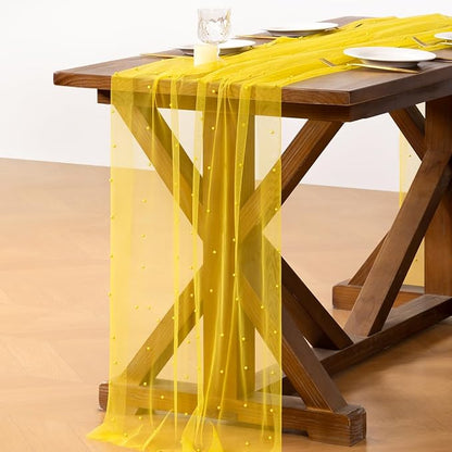 Pearl Table Runner Summer Tulle Gauze Sheer Wedding Party Home Decor | Yellow - Image 4