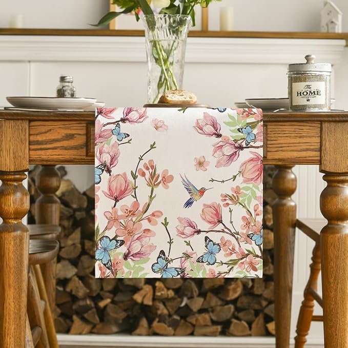 Artoid Mode Flowers Bird Butterfly Spring Table Runner, Seasonal Kitchen Dining - Image 2
