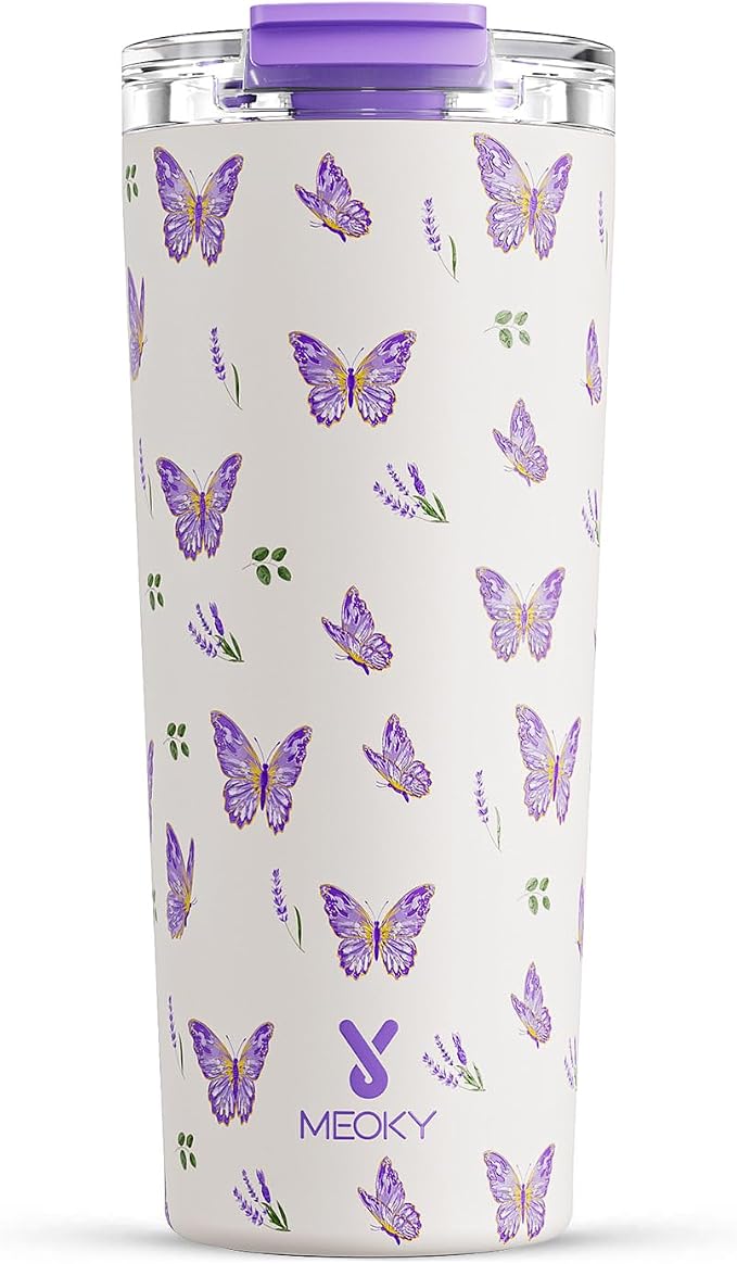 Meoky 24 oz Insulated Travel Coffee Mug: Leak Proof Lid, Butterfly | Stainless by MEOKY