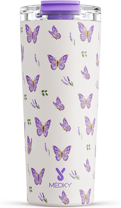 Meoky 24 oz Insulated Travel Coffee Mug: Leak Proof Lid, Butterfly | Stainless by MEOKY