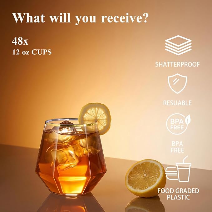 BESTSTAR 96 Pack Gold Rim Plastic Wine Glasses Set, BPA-Free Shatterproof | 48 - Image 4