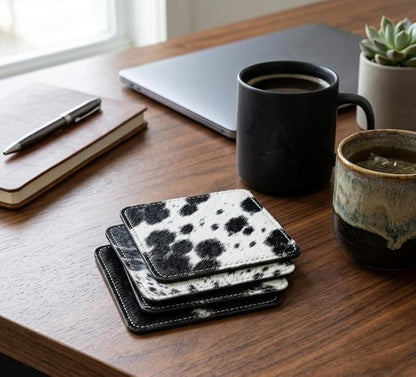 Cowhide Coasters Set of 6 – Genuine Hair-On Cowhide Drink Coasters, Square - Image 2