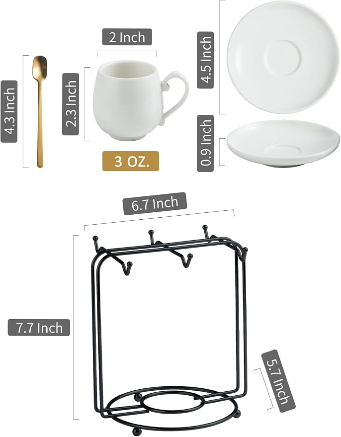 LYEOBOH Espresso Cups with Saucers Set, 3 Ounces Coffee Cups with Metal Stand - Image 2