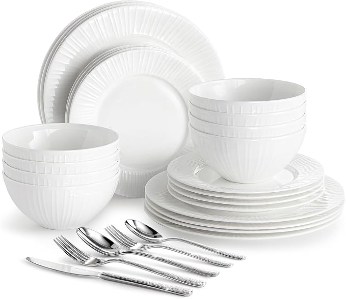 24Pc Bone China Dinnerware Set & 40Pc Flatware Combo Set by KINGSTONE