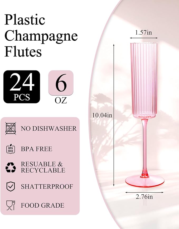 Ciaell 24 Pack Pink Plastic Champagne Flutes - Image 2