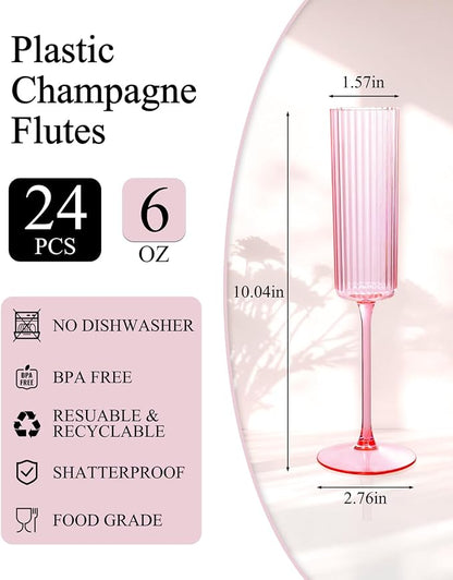 Ciaell 24 Pack Pink Plastic Champagne Flutes - Image 2