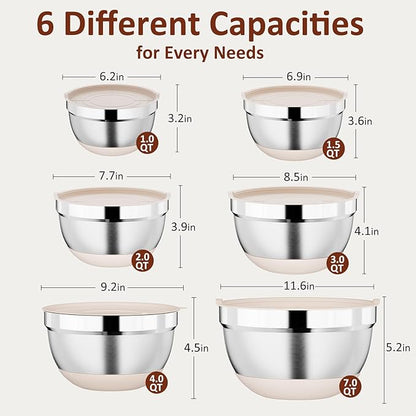 9 Pack Mixing Bowls with Airtight Lids Set, Stainless Steel Mixing Bowls with Grater Attachments, Nesting Kitchen Bowl Set with Non-Silp Bases, Size 7, 4, 3, 2, 1.5,1QT, Khaki