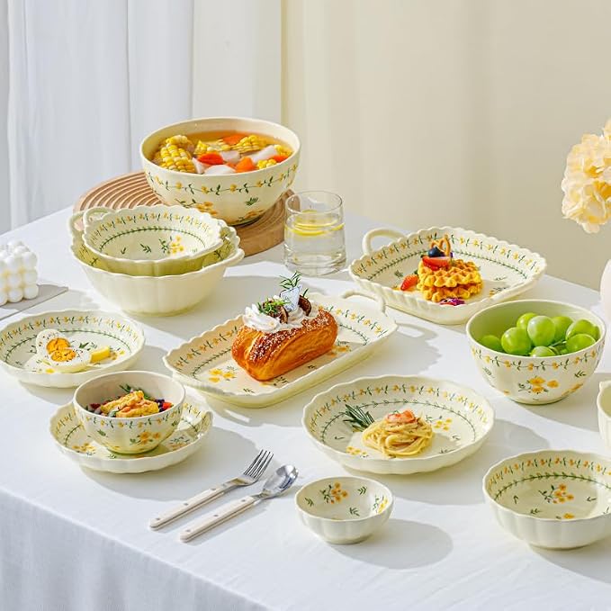 Ceramic Dinnerware Set, Floral Plates and Bowls Sets, Microwave & Dishwasher - Image 2