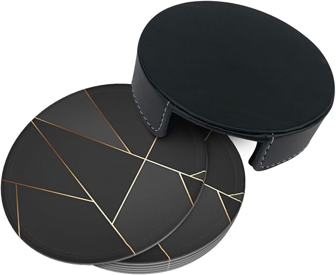 6 Pcs Black Gold Trim Pattern Leather Coasters - Image 5