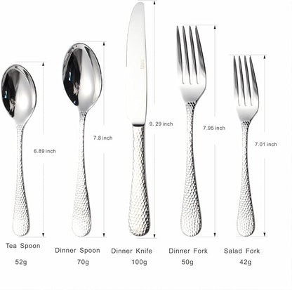 20-Piece Forged Hammered Stainless Steel Flatware Cutlery Set for 4, SXY INOX Shape of Water Drop Includes Dinner Knives/Forks/Spoons,Tea Spoons, Salad Forks, Mirror Polished - Dishwasher Safe