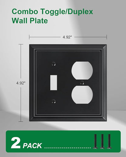 2-Pack Combo Toggle/Duplex Light Switch Cover Plate, Matte Black Outlet Cover Plate, Natural Bamboo Fiber Decorative Wall Receptacle Cover for Electrical Outlets, Light Switch