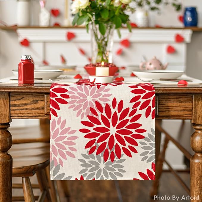 Artoid Mode Red Pink Dahlia Floral Pinnata Christmas Table Runner, Valentine - Image 2