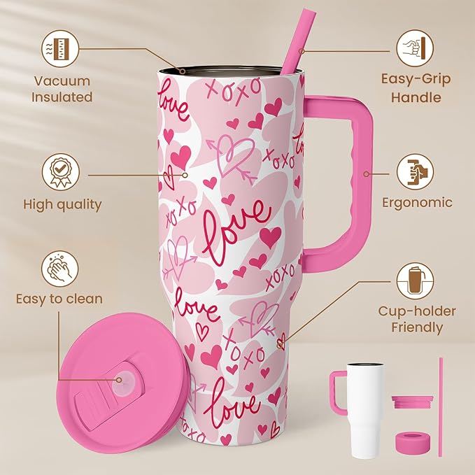 SANDJEST Heart Tumbler with Handle 40oz, Valentines Stainless Steel Insulated - Image 2