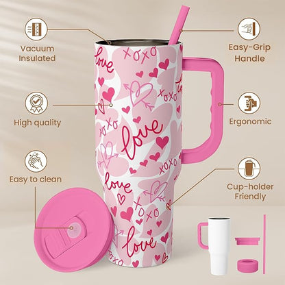 SANDJEST Heart Tumbler with Handle 40oz, Valentines Stainless Steel Insulated - Image 2
