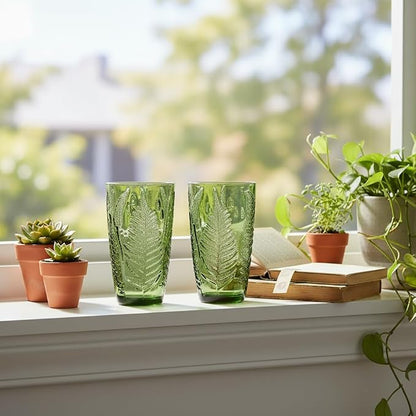 Green Drinking Glasses Set of 8, 16 oz Glass Cups, Vintage Fern Glassware | - Image 4