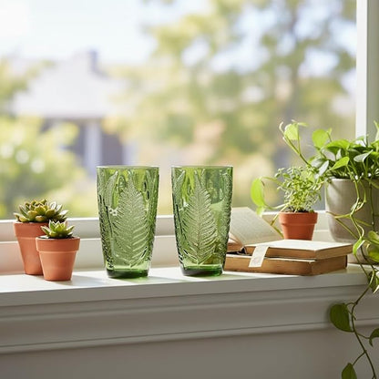 Green Drinking Glasses Set of 8, 12 oz Glass Cups, Vintage Fern Glassware | - Image 7
