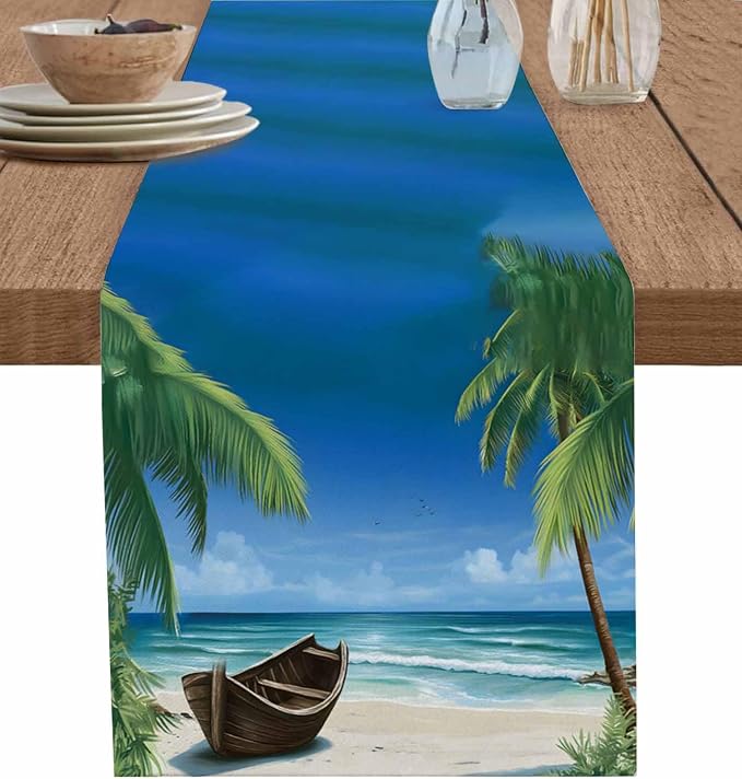 Tropical Coastal Table Runners 72 Inches Long, Cotton Linen Fabric Table Runner by Edwiinsa