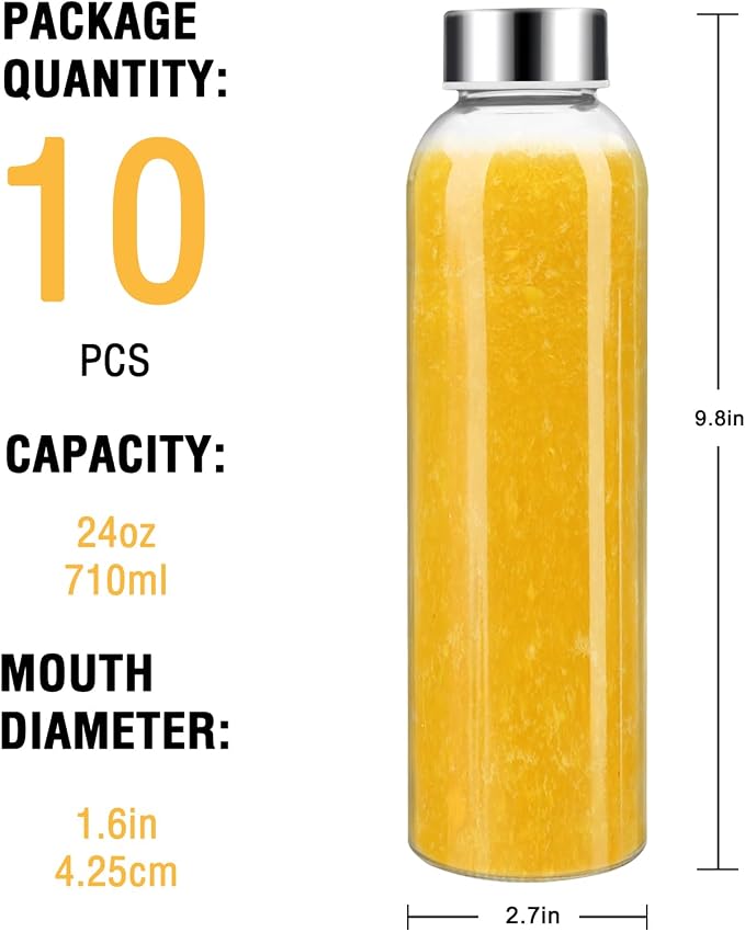 Sursip 24oz Glass Water Bottle Set of 10, Leak Proof Clear glass juice bottle - Image 6