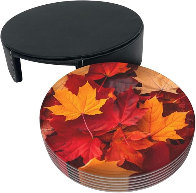 Autumn Fall Leaves Leather Coasters Set of 6 - Image 8