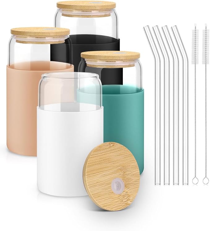 sungwoo Glass Cups with Lids and Straws, 4 Pack 16OZ Iced Coffee Cups with by sungwoo