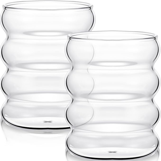 Cunhill 2 Pcs Wave Glass Cup 10 oz Ribbed Bubble Drinking Glassware Creative by Cunhill