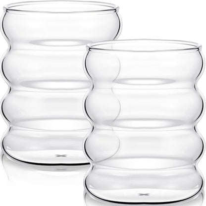 Cunhill 2 Pcs Wave Glass Cup 10 oz Ribbed Bubble Drinking Glassware Creative by Cunhill