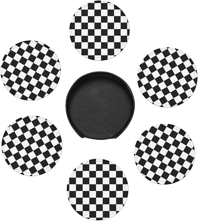 Black Checkered Leather Coasters Set of 6 - Image 7