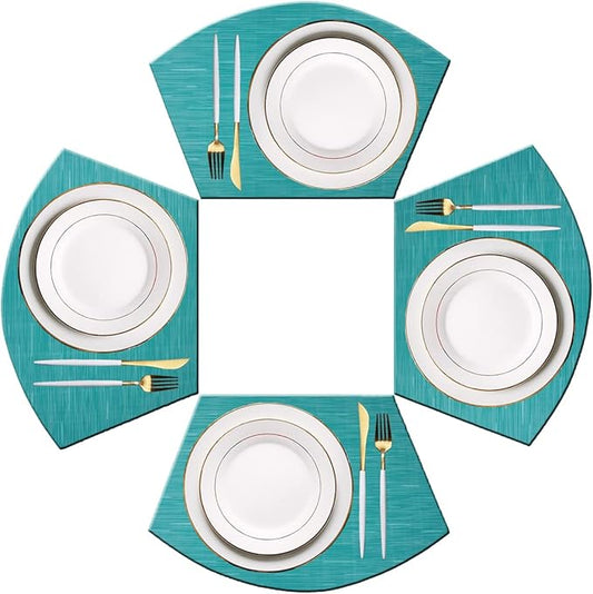 PIGCHCY Wedge Shaped Placemats for Dining Table Cross-Weave Washable Vinyl Placemat Heat Resistant Round Table Mats Set of 4 (Teal Blue)