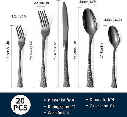 Hammered Black Silverware Set, 20 Piece Modern Flatware Set Service - Image 3