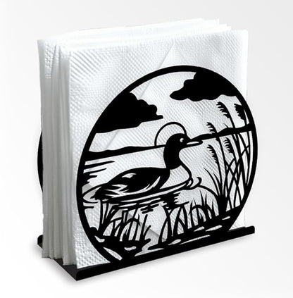 Mallard Duck Decorative Black Metal Napkin Holder for Table, 5.3" x 4.9" x 1.9" Duck Animal and Reed Standing Napkin Holder for Home Kitchen Restaurant Picnic Party Coffee Bar Dining Room