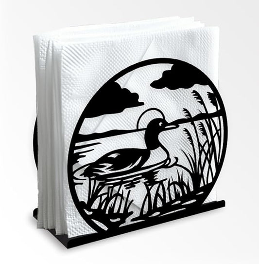 Mallard Duck Decorative Black Metal Napkin Holder for Table, 5.3" x 4.9" x 1.9" Duck Animal and Reed Standing Napkin Holder for Home Kitchen Restaurant Picnic Party Coffee Bar Dining Room