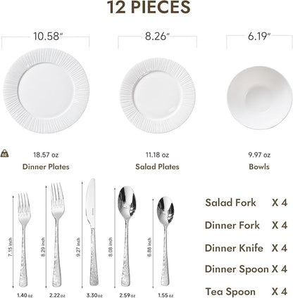 KINGSTONE 12-Piece Bone China Dinnerware Set with 20-Piece flatware, White Lightweight Porcelain Service for 4, for Family Dining, Restaurants, Gifting，Microwave and Dishwasher Safe