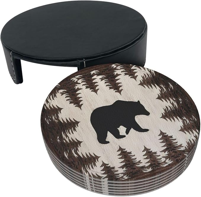 6 Pcs Bear and Pines Leather Coasters - Image 3