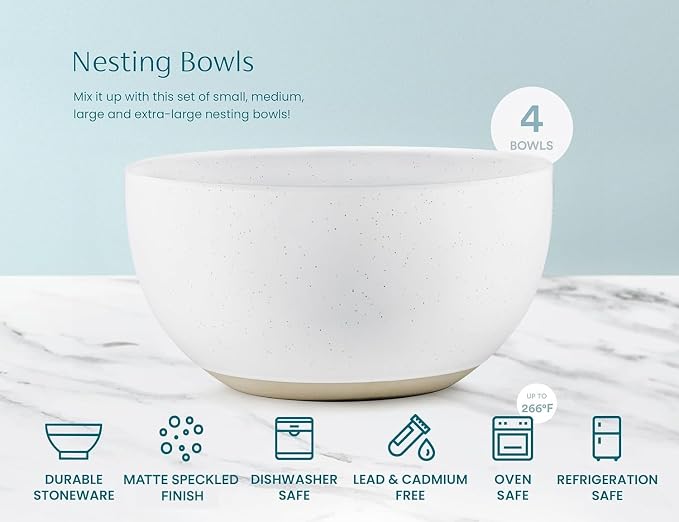KooK Mixing Bowls, Ceramic Nesting Bowls, Stoneware Kitchen Bowls, - Image 6