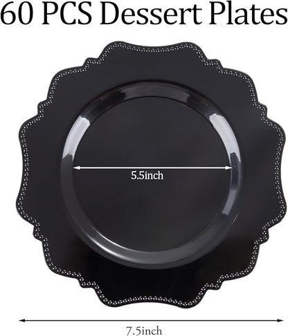 COLOSUS 60pcs Black Plastic Dessert Plates - 7.5 Inch- Heavy Duty Disposable Plastic Appetizer/Salad/Cake Plates for Party Wedding Birthday and Everyday Use