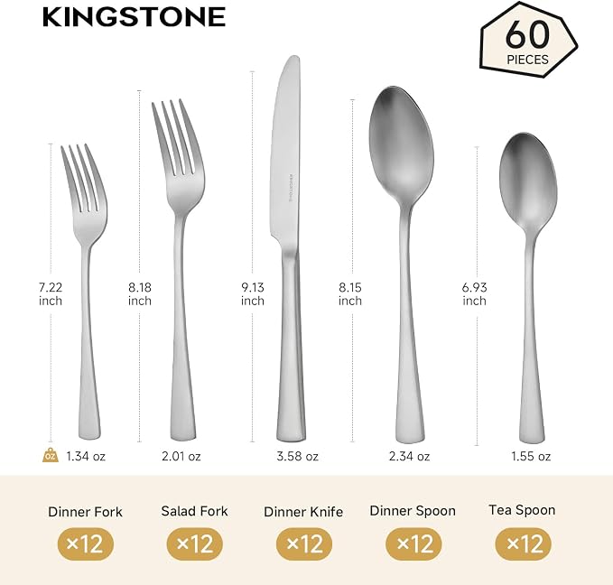 18/10 Flatware set for 12, 60 Piece Matte Stainless Steel Silverware Set | - Image 2