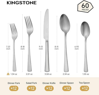 18/10 Flatware set for 12, 60 Piece Matte Stainless Steel Silverware Set | - Image 2