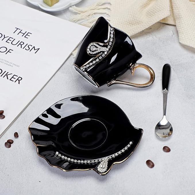 7 Oz Luxury Rhinestone Ceramic Coffee Cup and Saucer Set - Image 6