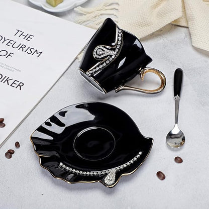7 Oz Luxury Rhinestone Ceramic Coffee Cup and Saucer Set - Image 6