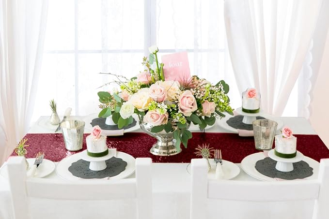 ShiDianYi Burgundy 12x72-Inch Christmas Table Runner Sequin Table Runners - Image 5