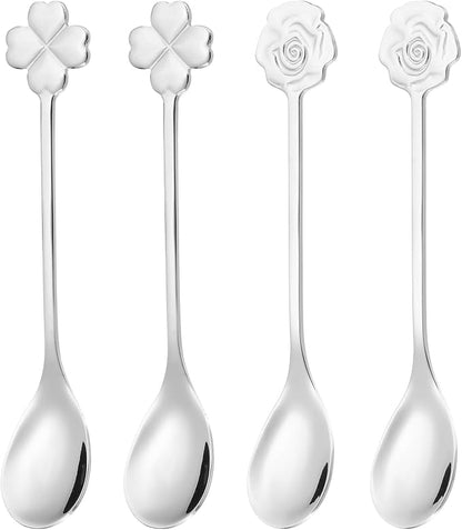PATIKIL 4pcs Coffee Spoons, Rose/Four Leaf Grass Tea Spoons 304 Stainless Steel by PATIKIL