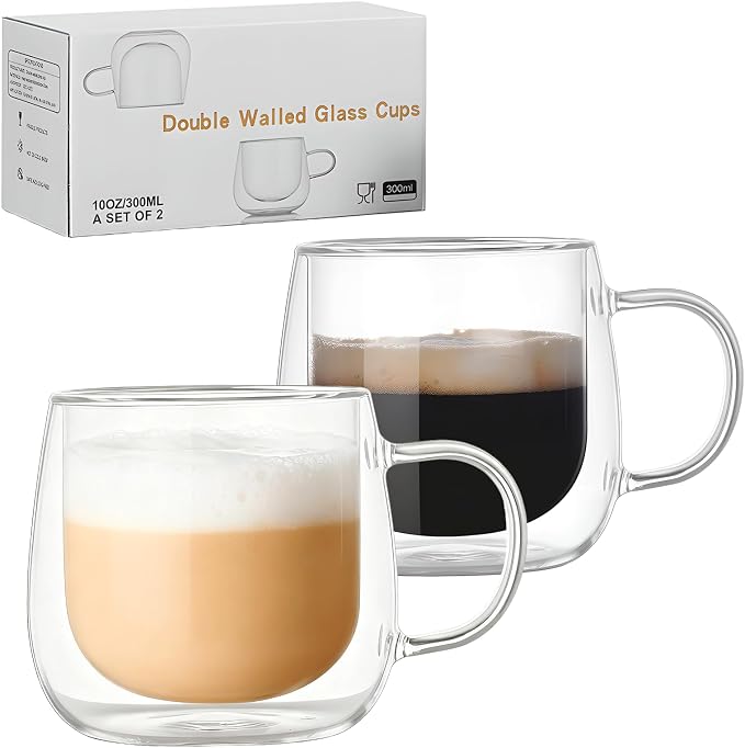 10oz Double Walled Glass Coffee Mugs Set of 2, Borosilicate Glass Cup, Heat & - Image 5