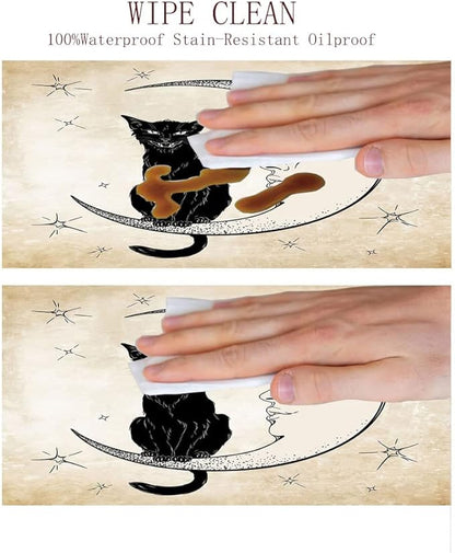 Small Round Tablecloth, Moon Washable Polyester Table Cloth for, Black Cat Sitting on White Crescent Moon, Fit Round Tables 44inch Diameter, Holiday Party Home Kitchen Dining Table Decoration