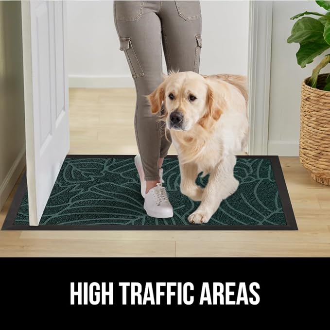 GORILLA GRIP 100% Waterproof All-Season WeatherMax Doormat, 47x35, US Designed Natural Rubber, Stain and Fade Resistant, Low Profile Indoor Outdoor Door Mats, Easy Clean Patio Mat, Green Palm