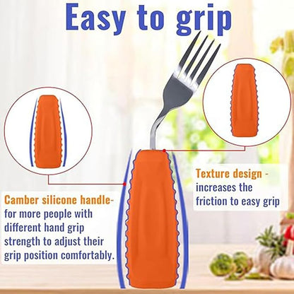 Adaptive Utensils for Hand Tremors,Weighted Utensils with Non-Slip Handle to Easy Grip for Elderly Use(Left Hand 1 pc Fork+1 pc Spoon=2 pcs,Orange)