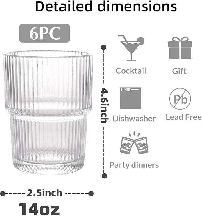 Set of 6 Cute Ribbed Glassware, 14oz Vintage Clear Glass Tumbler, Origami Style - Image 3