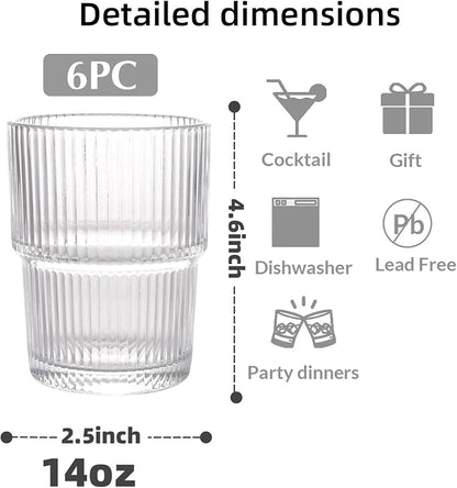 Set of 6 Cute Ribbed Glassware, 14oz Vintage Clear Glass Tumbler, Origami Style - Image 3