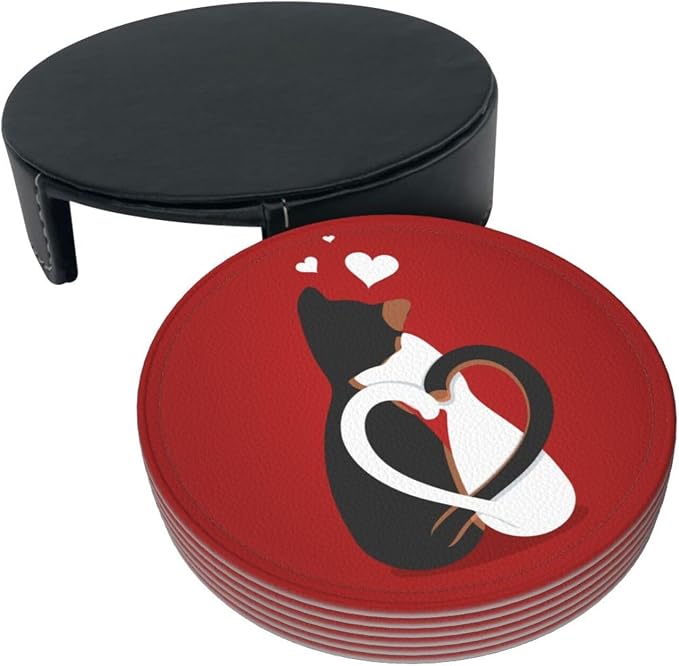 Drink Coasters with Holder Stand Set of 6, Valentine's Day Cat Pu Leather - Image 9