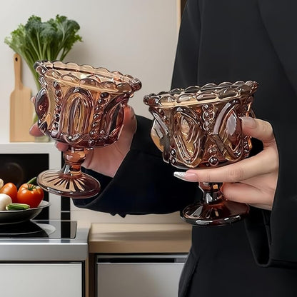 Carnival Glass Vintage Footed Dessert Cups Set of 2, 9oz Embossed Goblet - Image 2
