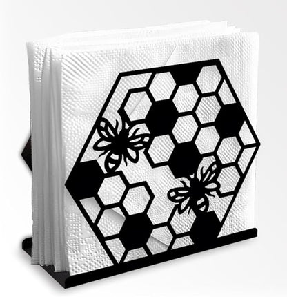 Honeycomb Bee Decorative Black Metal Napkin Holder for Table, 5.3" x 4.7" x 2" Insect Animal Standing Napkin Holder for Home Kitchen Restaurant Picnic Party Coffee Bar Dining Room